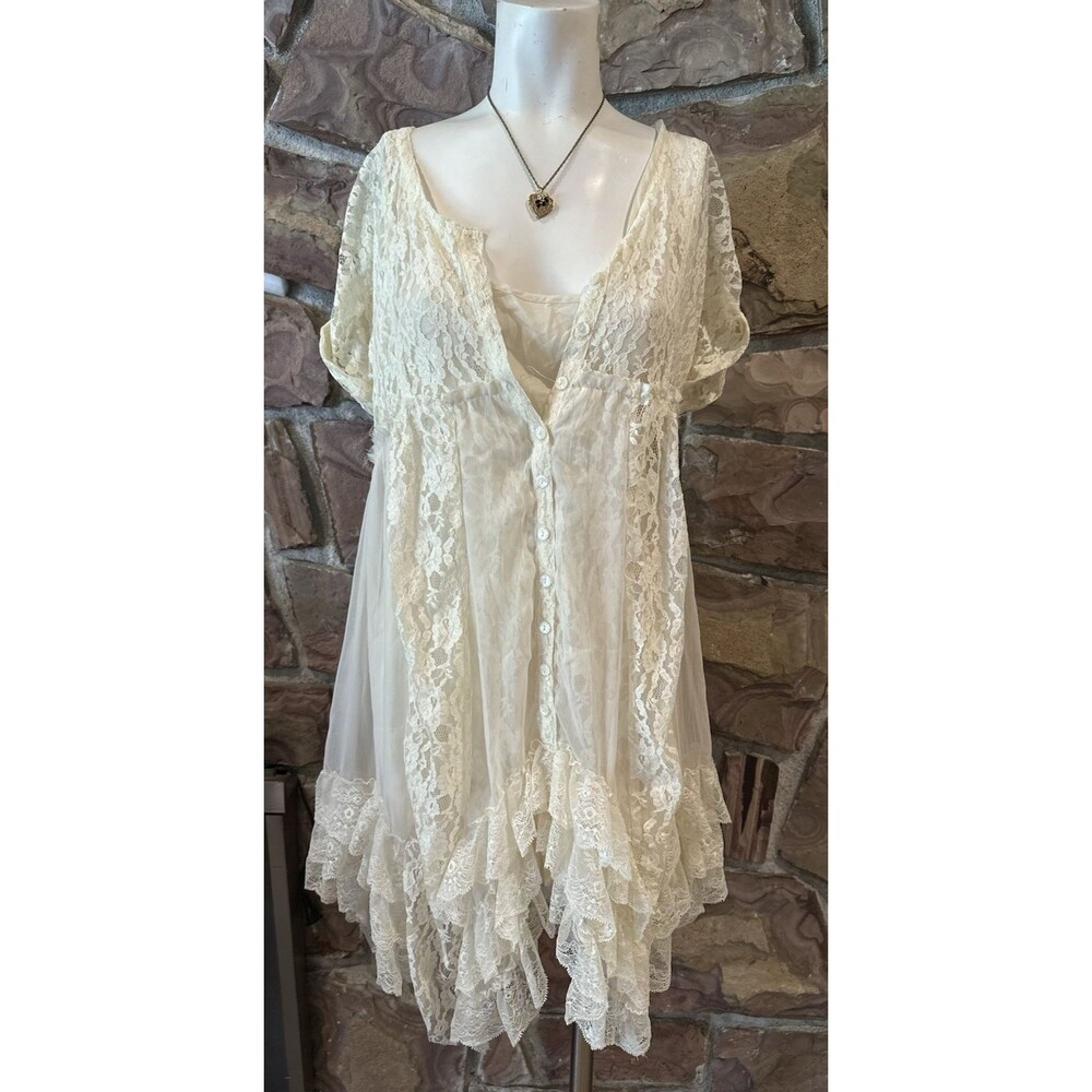 Free People Layered In Lace Swing Dress Tunic Ivory White S/P Ashymetrical linin
